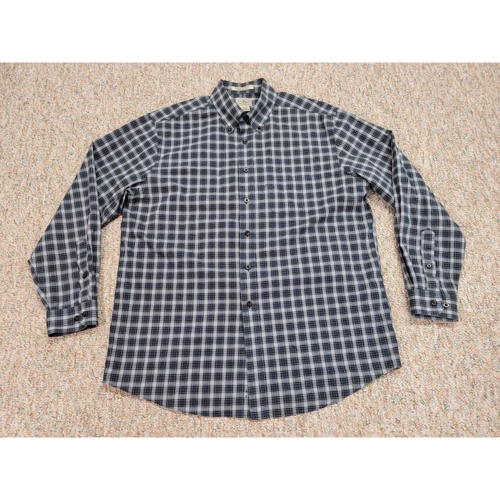L.L. Bean Wrinkle-Free Check Shirt Mens Large Blue Green Traditional Fit Cotton